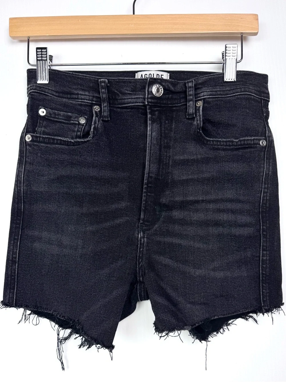 Agolde Black High-Rise Raw Hem Denim Shorts 28